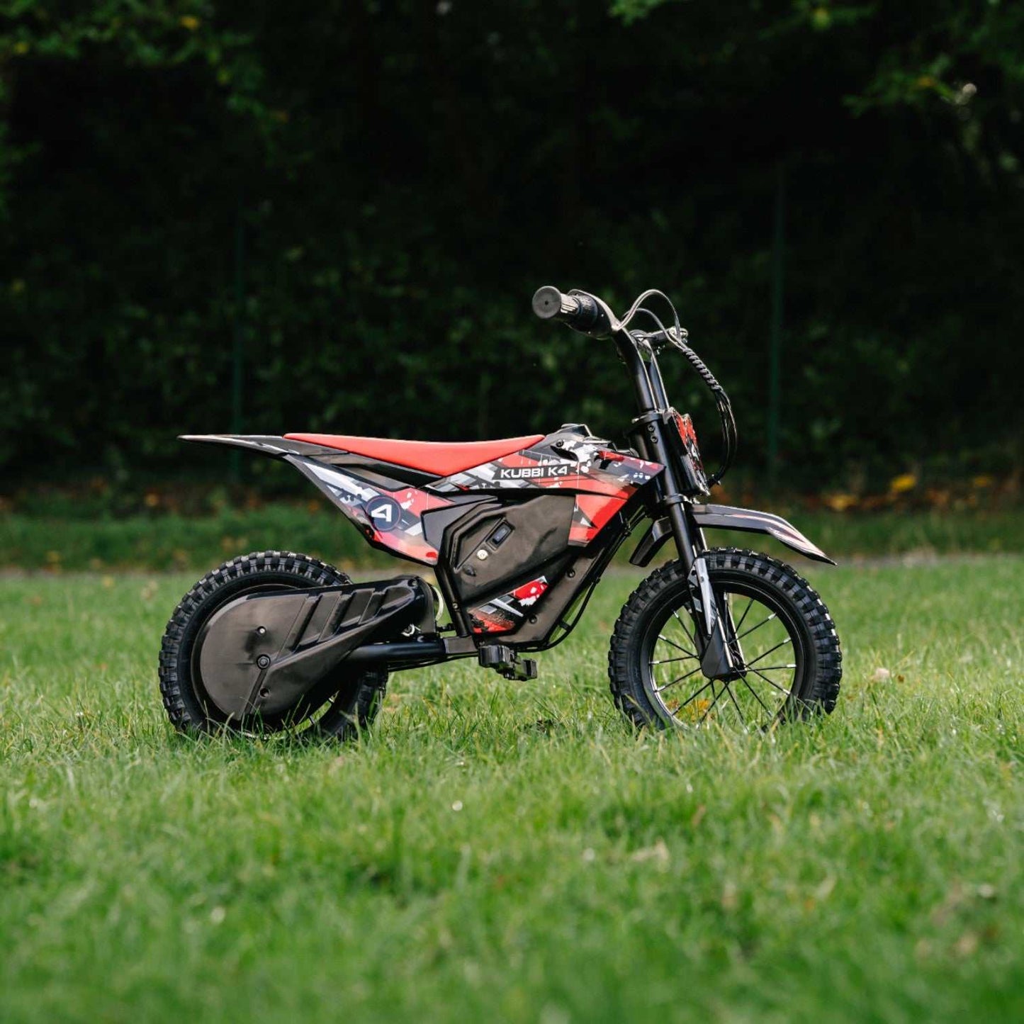 Kubbi K4 Dirt Bike for kids with 150W motor, 12-inch off-road tires, IPX4 water resistance, and two speed settings up to 15 km/h