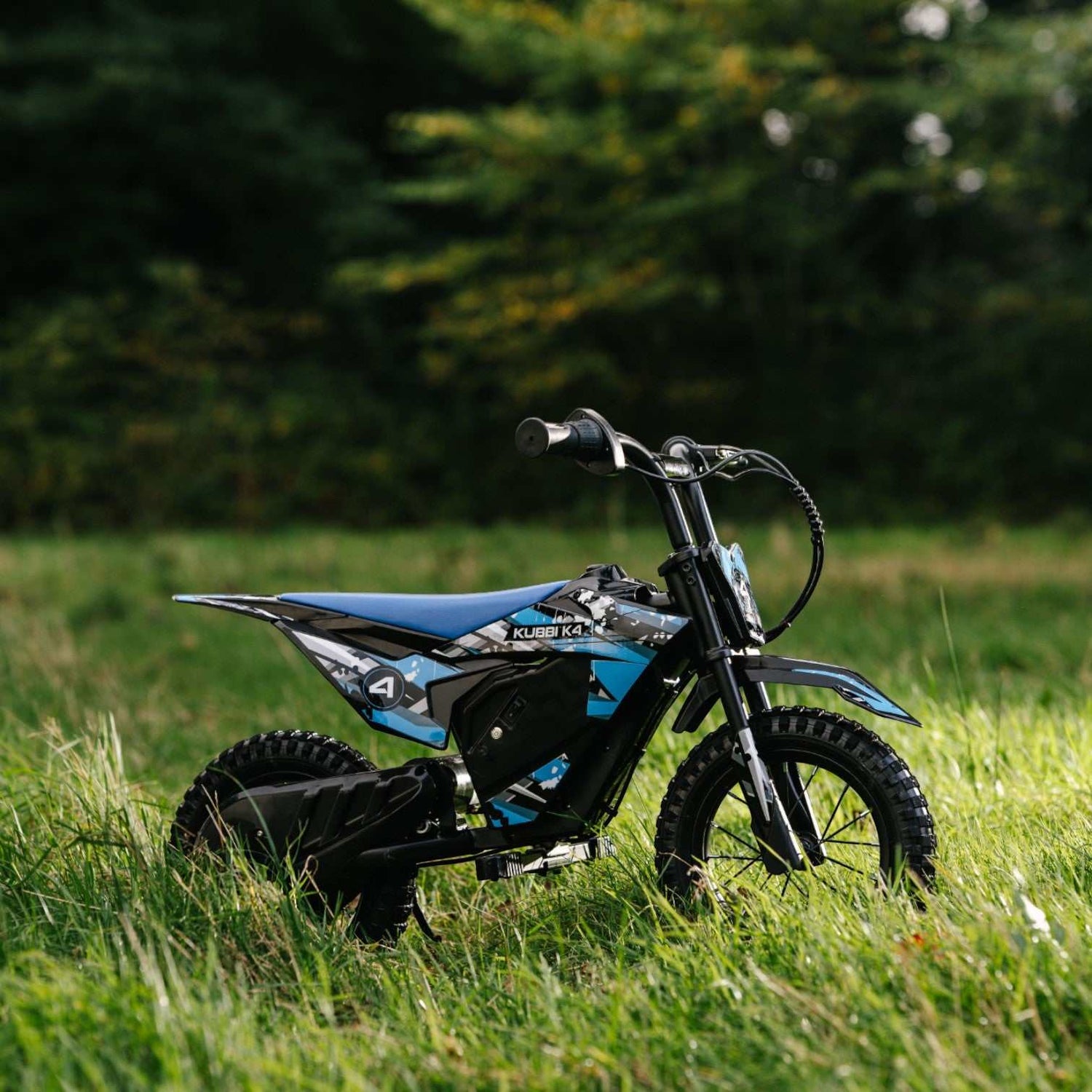 Kubbi K4 Dirt Bike electric kids bike with 12-inch tires for ages 3-9, 150W motor, 15 km/h max speed, and off-road capability
