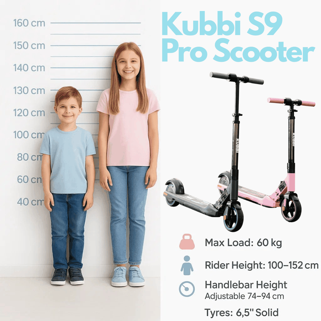Kubbi S9 Pro kids electric scooter in black and pink with adjustable handlebar and solid 6.5-inch tyres next to children showing height guide
