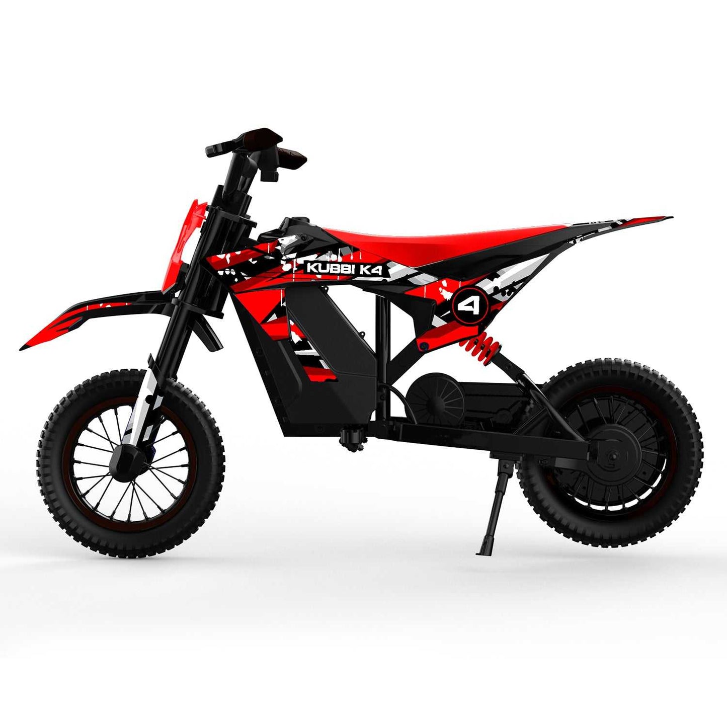 Kubbi K4 Kids electric dirt bike in red and black with 12-inch off-road tires and a 150W motor for ages 3-9