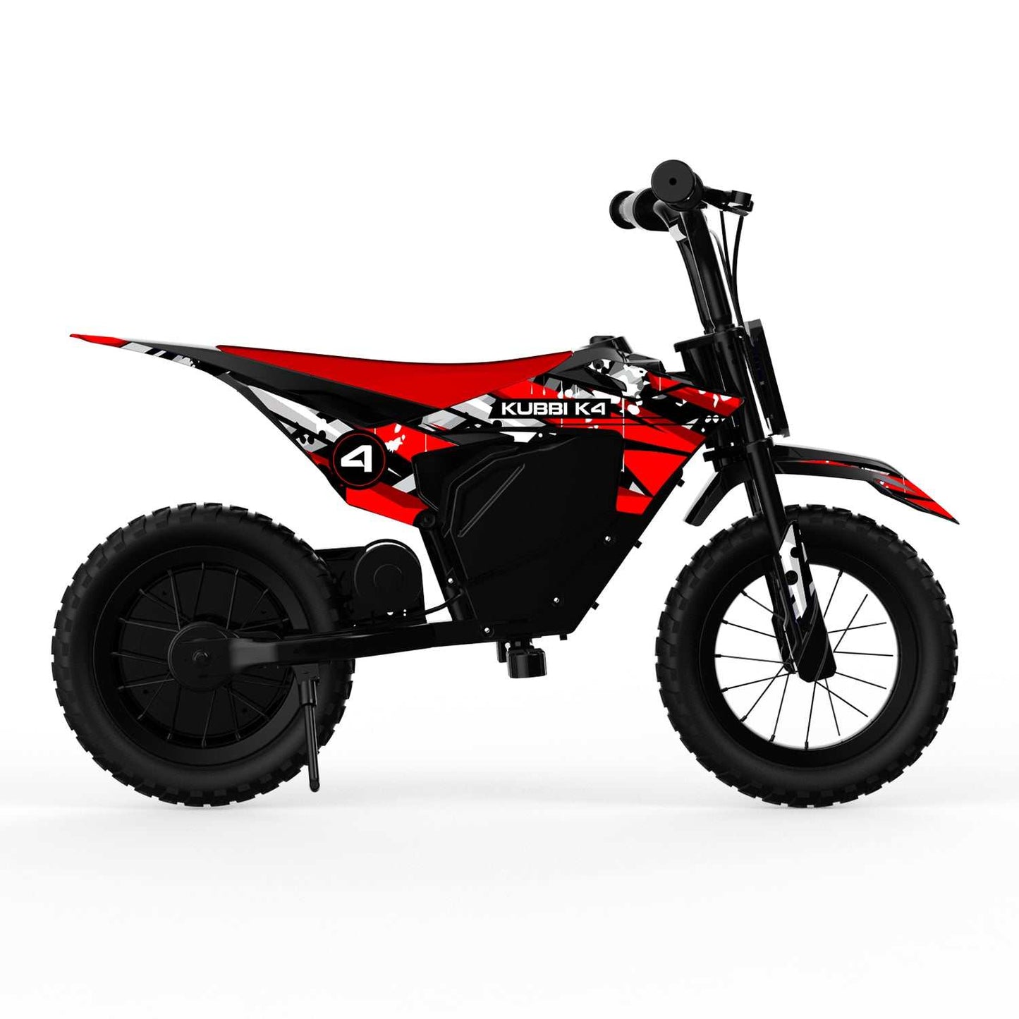 Kubbi K4 Dirt Bike kids electric dirt bike with 12-inch off-road tires and red-black design for ages 3-9