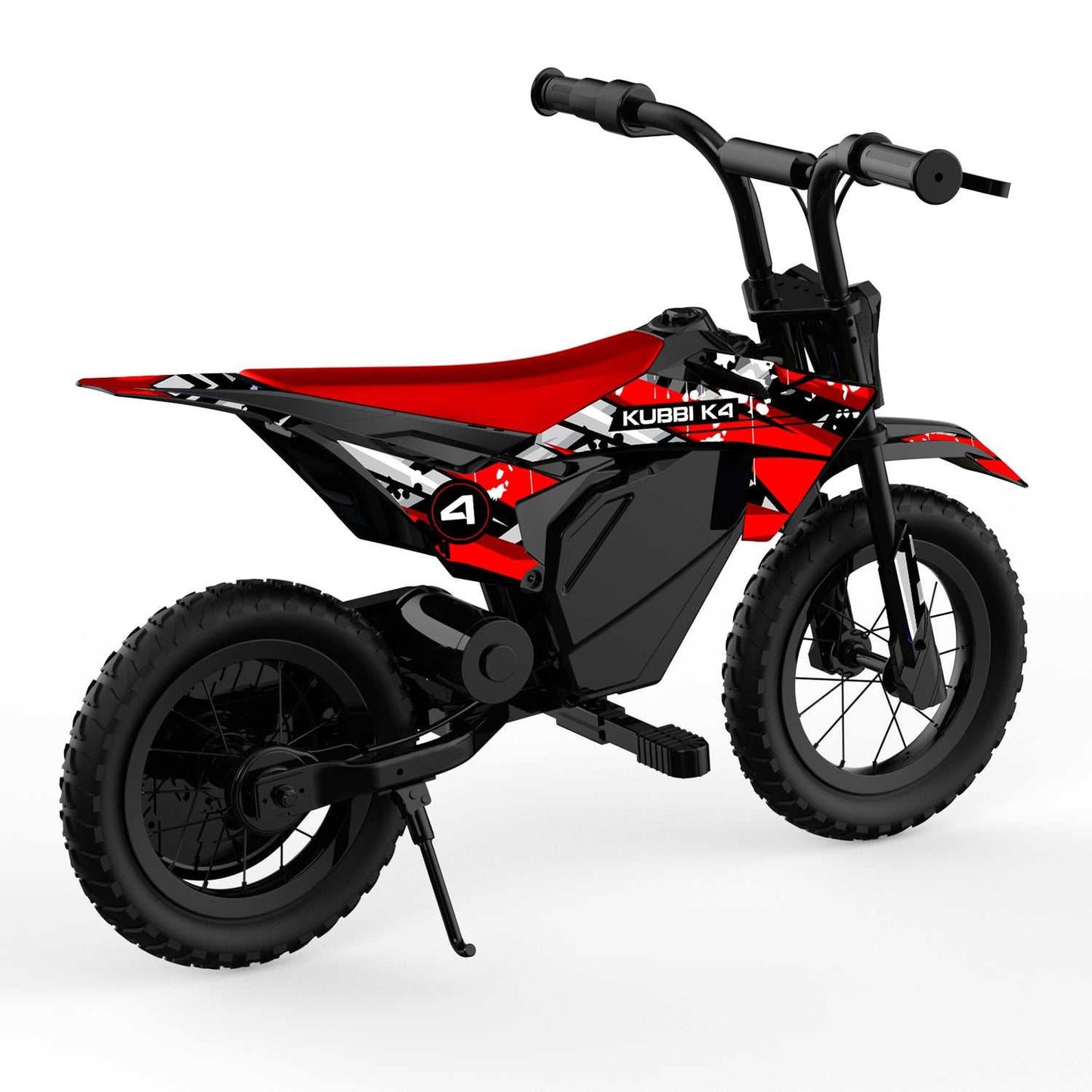 Kubbi K4 Dirt Bike kids electric dirt bike with 150W motor, 12-inch off-road tires, two-speed settings up to 15 km/h, and IPX4 water resistance.