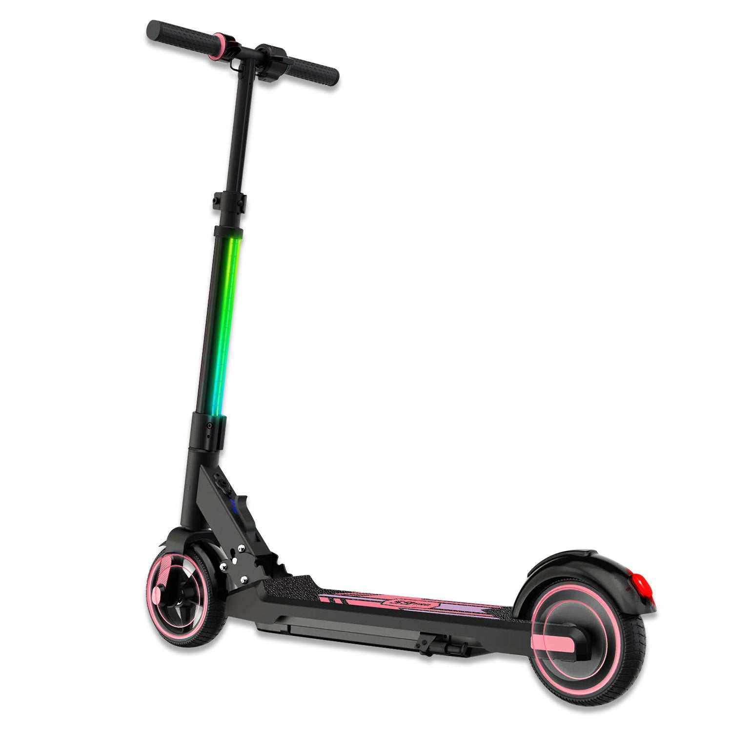 Kubbi S9 Pro electric scooter with black frame, LED light strip on the stem, and pink-accented wheels and deck.