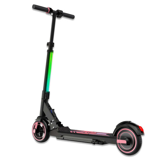 Kubbi S9 Pro electric scooter with black frame, LED light strip on the stem, and pink-accented wheels and deck.