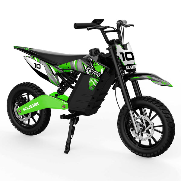 Kubbi K10 Pro electric dirt bike for teens with 800W motor, full suspension, 14-inch off-road tires, and adjustable speeds up to 30 km/h.