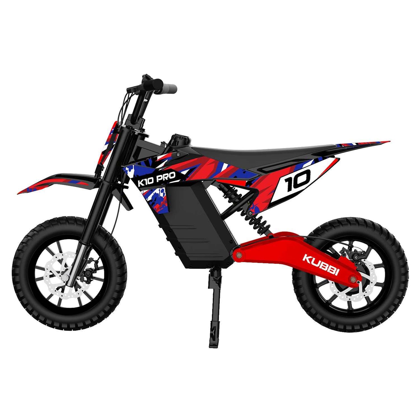 Kubbi K10 Pro kids electric dirt bike with 14-inch off-road tires, black and red frame, and blue graphic accents