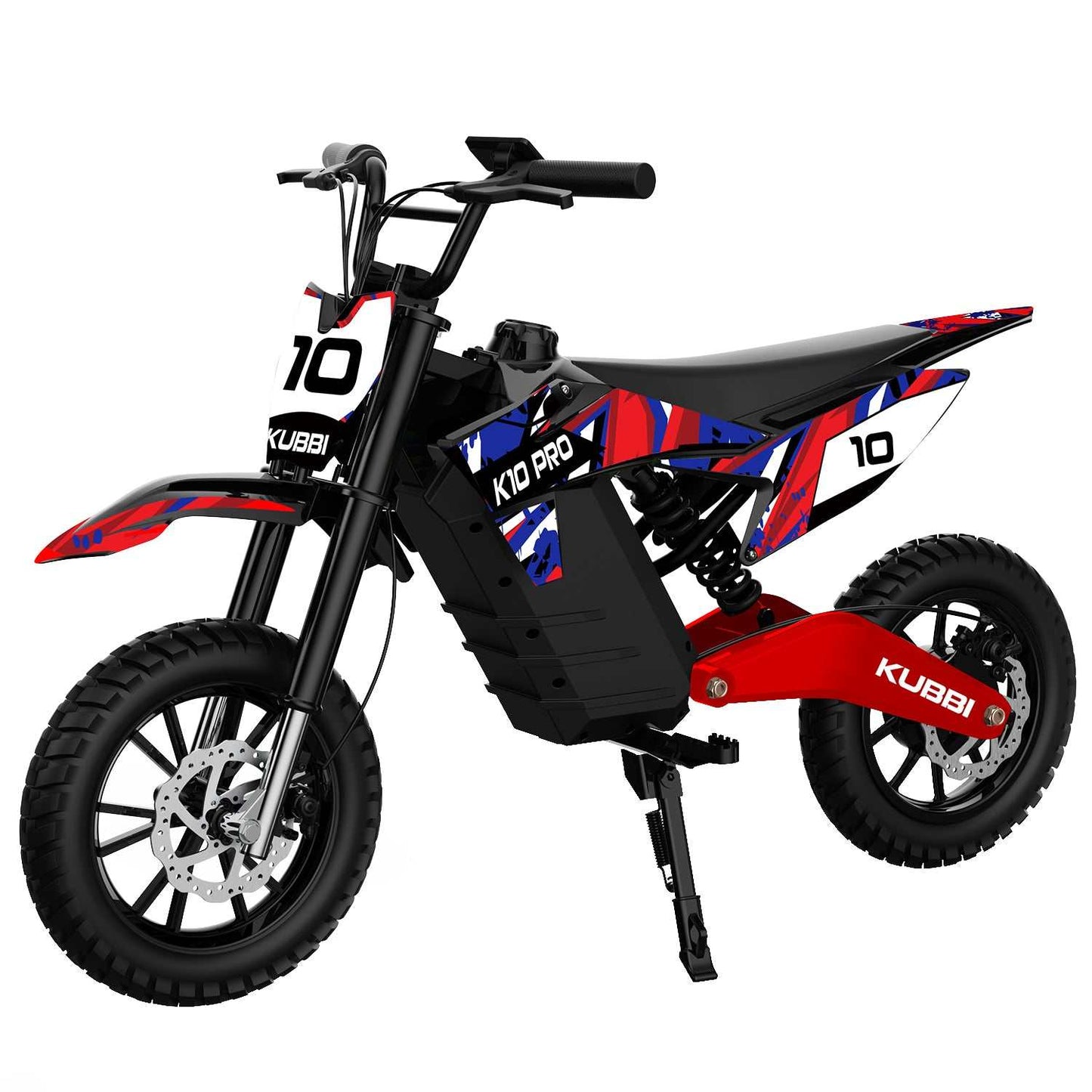 Kubbi K10 Pro kids electric dirt bike with 14” off-road tires, 36V 800W motor, and suspension for ages 8-16