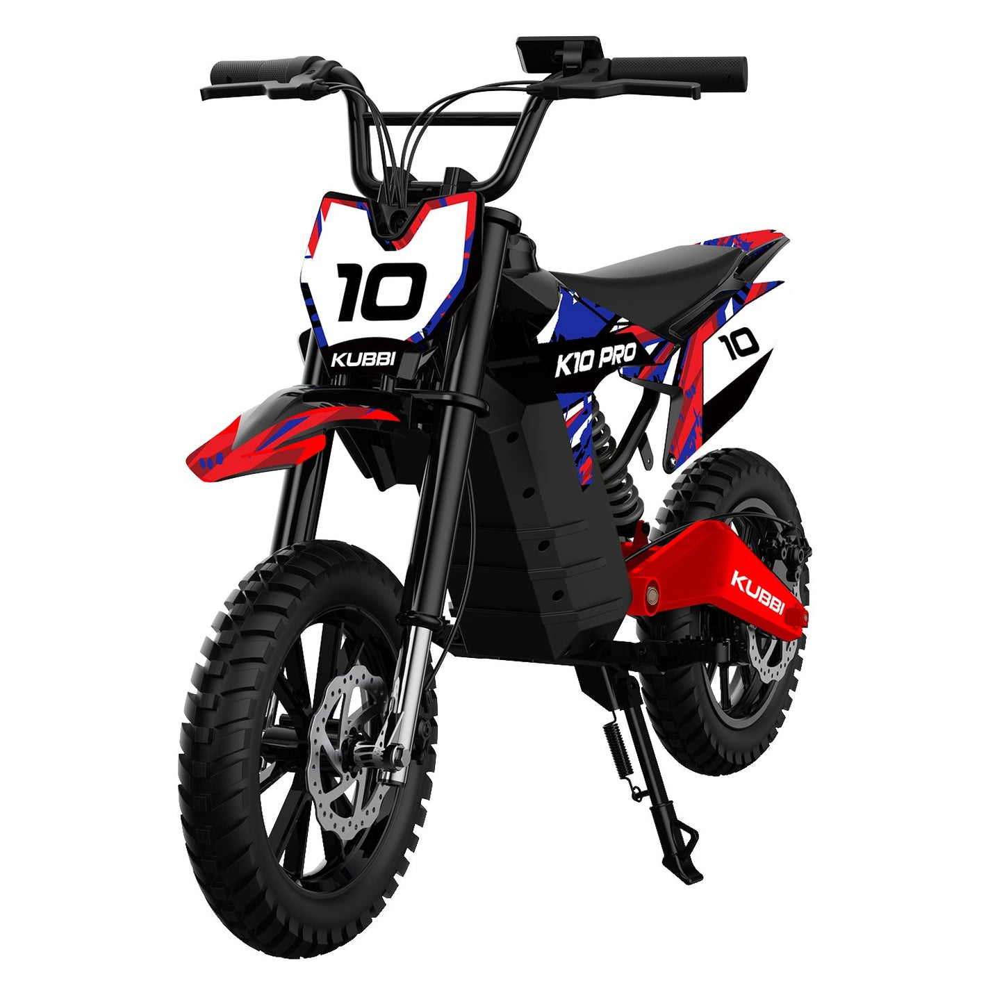 Kubbi K10 Pro kids electric dirt bike with 14” off-road tires, 36V 800W motor, front and rear suspension, suitable for ages 8-16