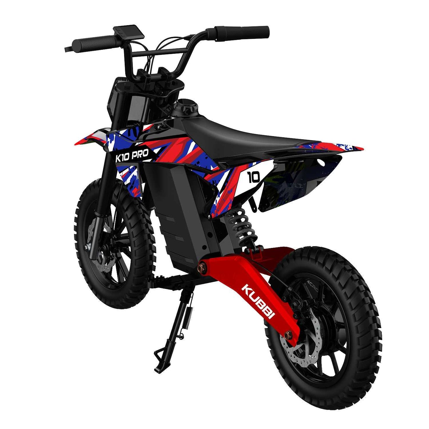 Kubbi K10 Pro electric kids dirt bike with 14-inch off-road tires, 36V 800W motor, front and rear suspension, and red blue design