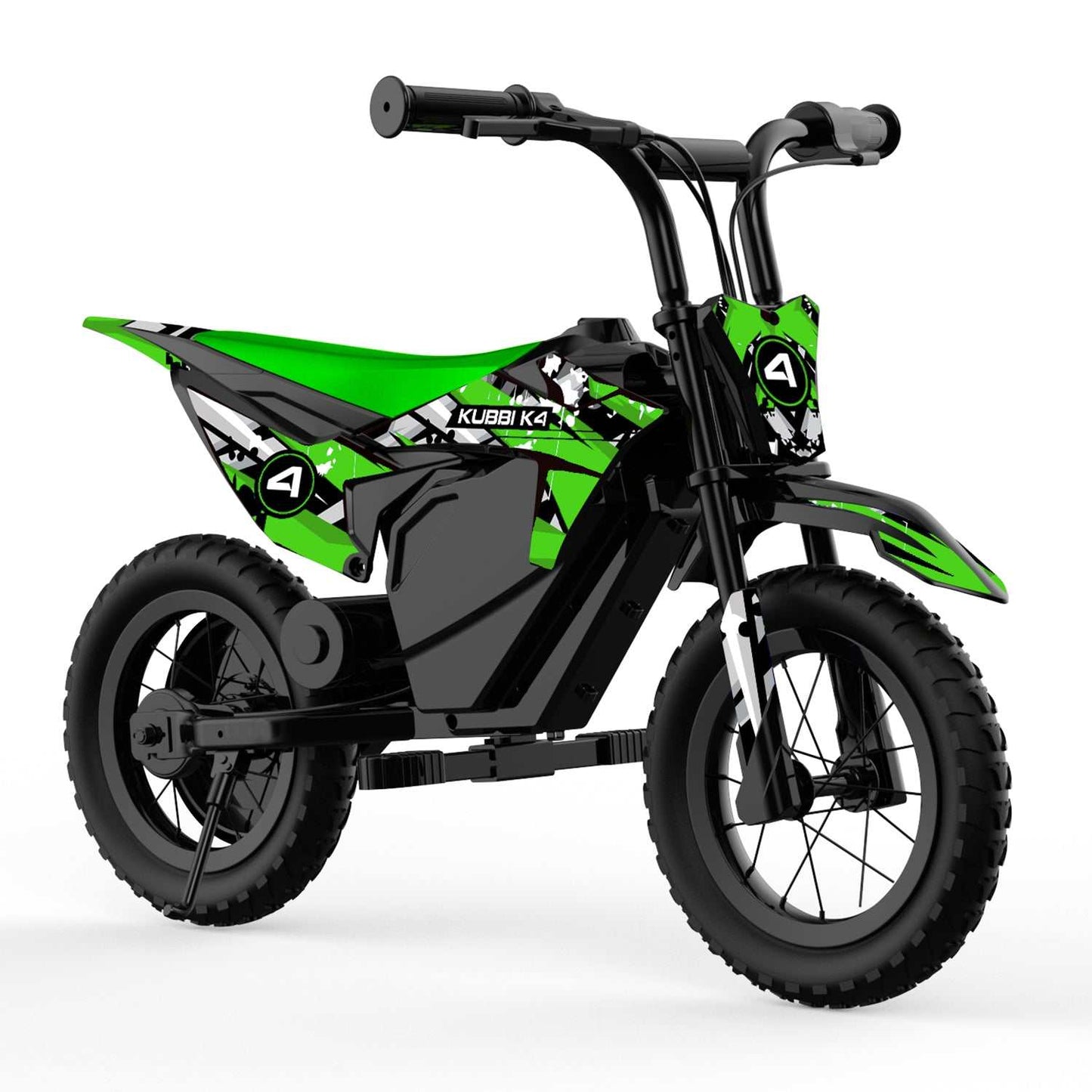 Kubbi K4 Dirt Bike kids electric dirt bike with 12-inch off-road tires green and black design for ages 3 to 9.