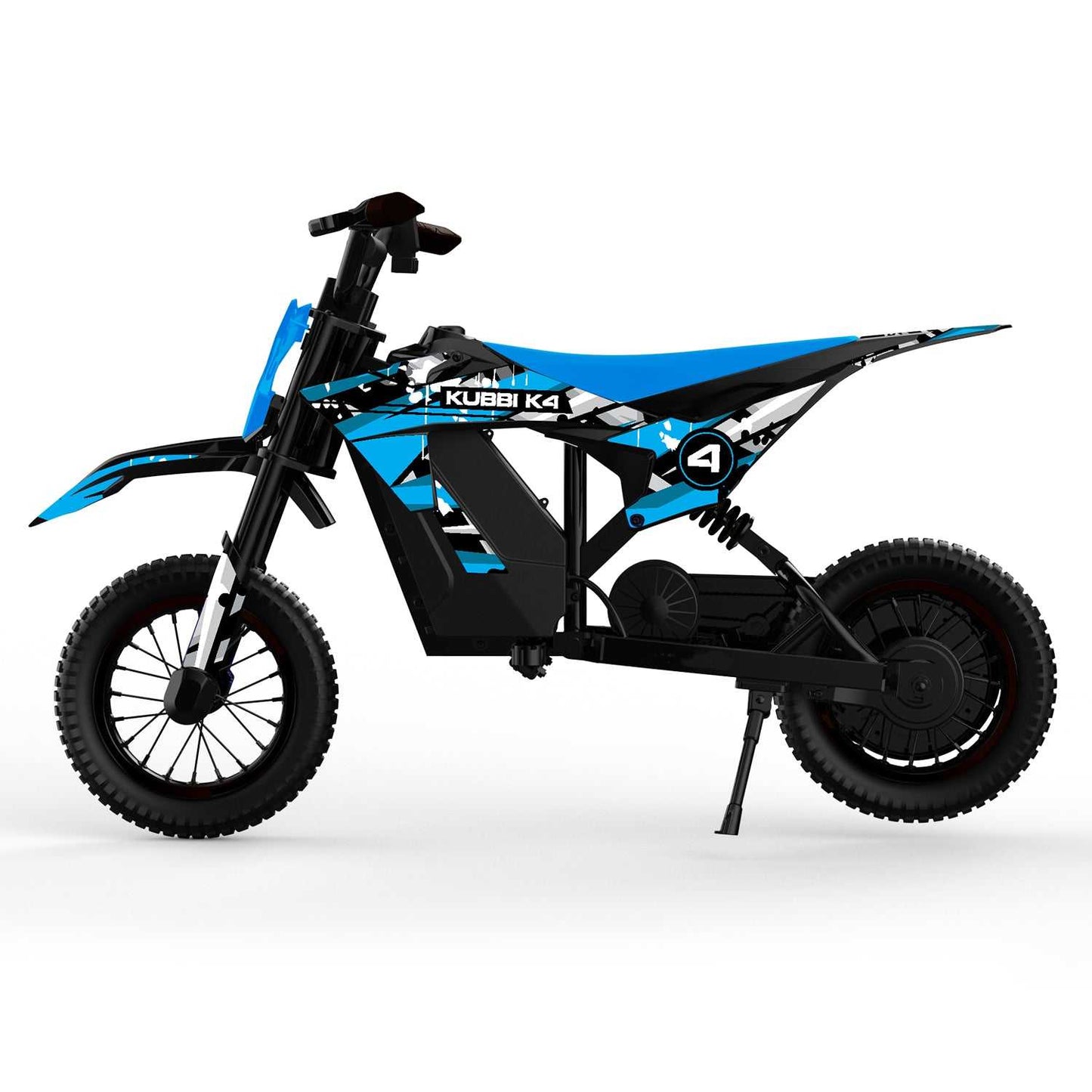 Kubbi K4 Dirt Bike electric kids bike in blue with black and white details, 12-inch off-road tires, lightweight design for ages 3-9