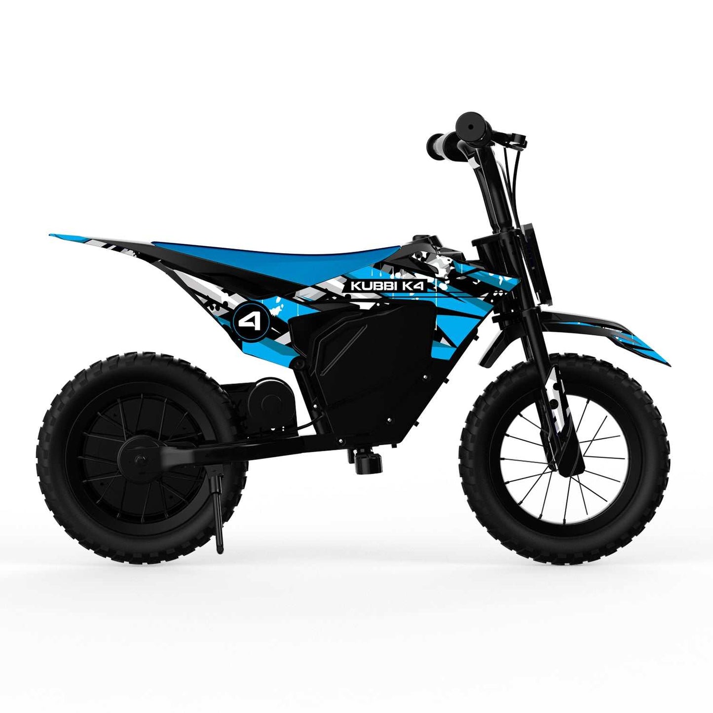 Kubbi K4 Dirt Bike electric kids bike with 150W motor, 12-inch off-road tires, two speed settings, and blue-black design