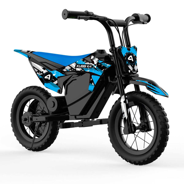 Kubbi K4 Dirt Bike electric kids bike with 12-inch off-road tires, 150W motor, 14.4V battery, and blue-black design for ages 3-9