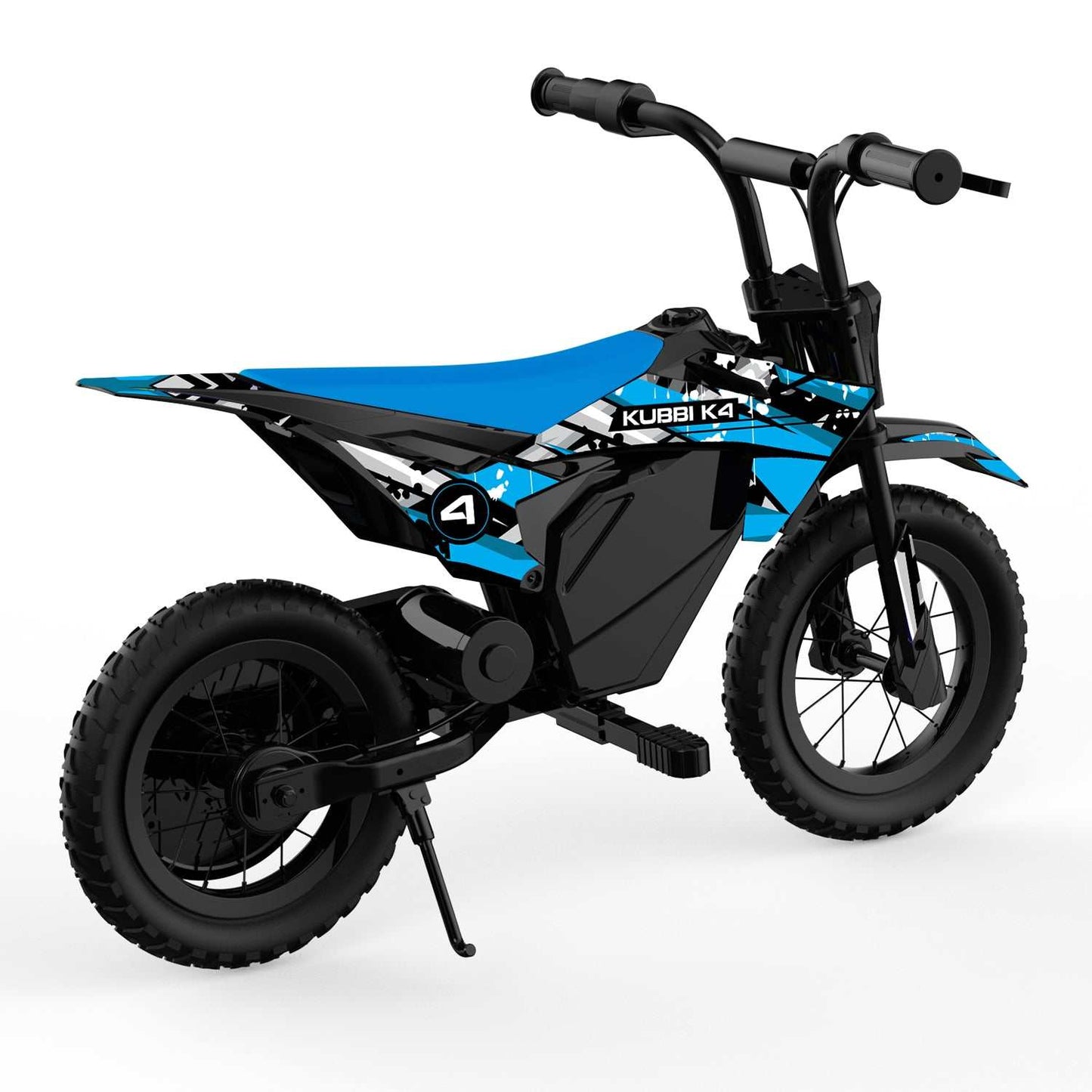 Kubbi K4 Dirt Bike kids electric bike with 12-inch off-road tires, black and blue design, suitable for ages 3-9 with 150W motor and two speed settings