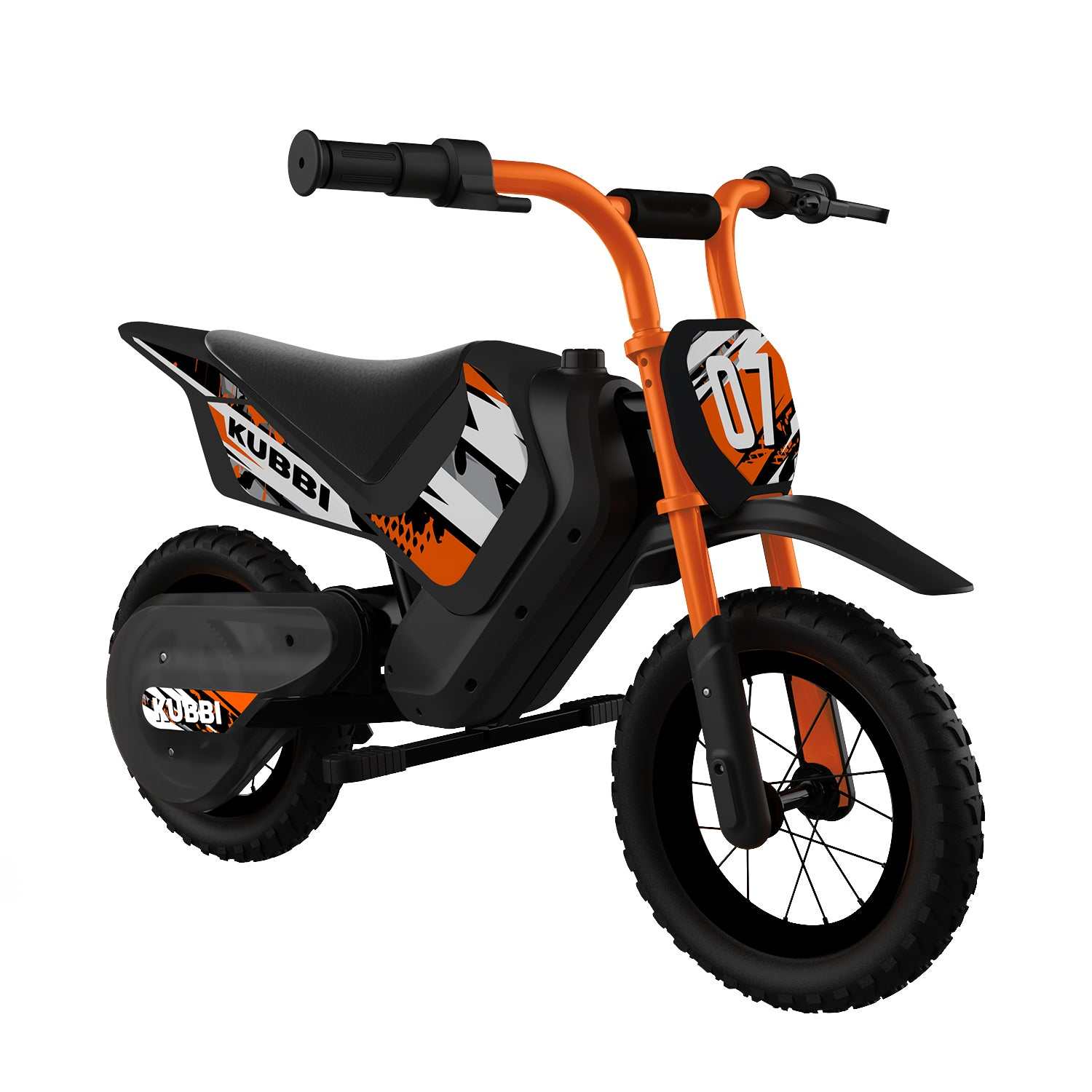 Kubbi Mini Dirt Bike kids electric dirt bike with 12-inch off-road tires and orange-black design