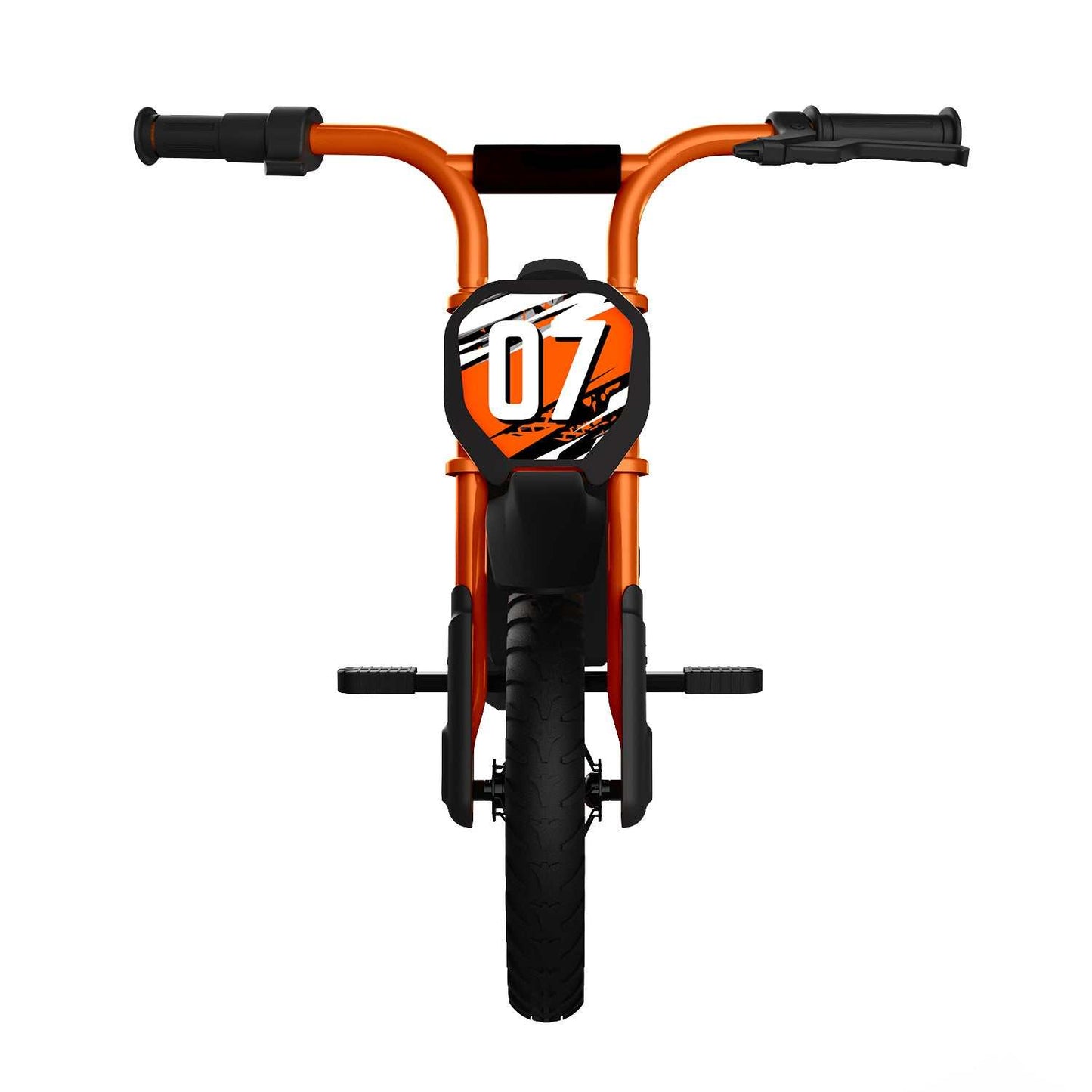 Front view of orange Kubbi Mini Dirt Bike for kids with number 07 plate and black handlebars and tires