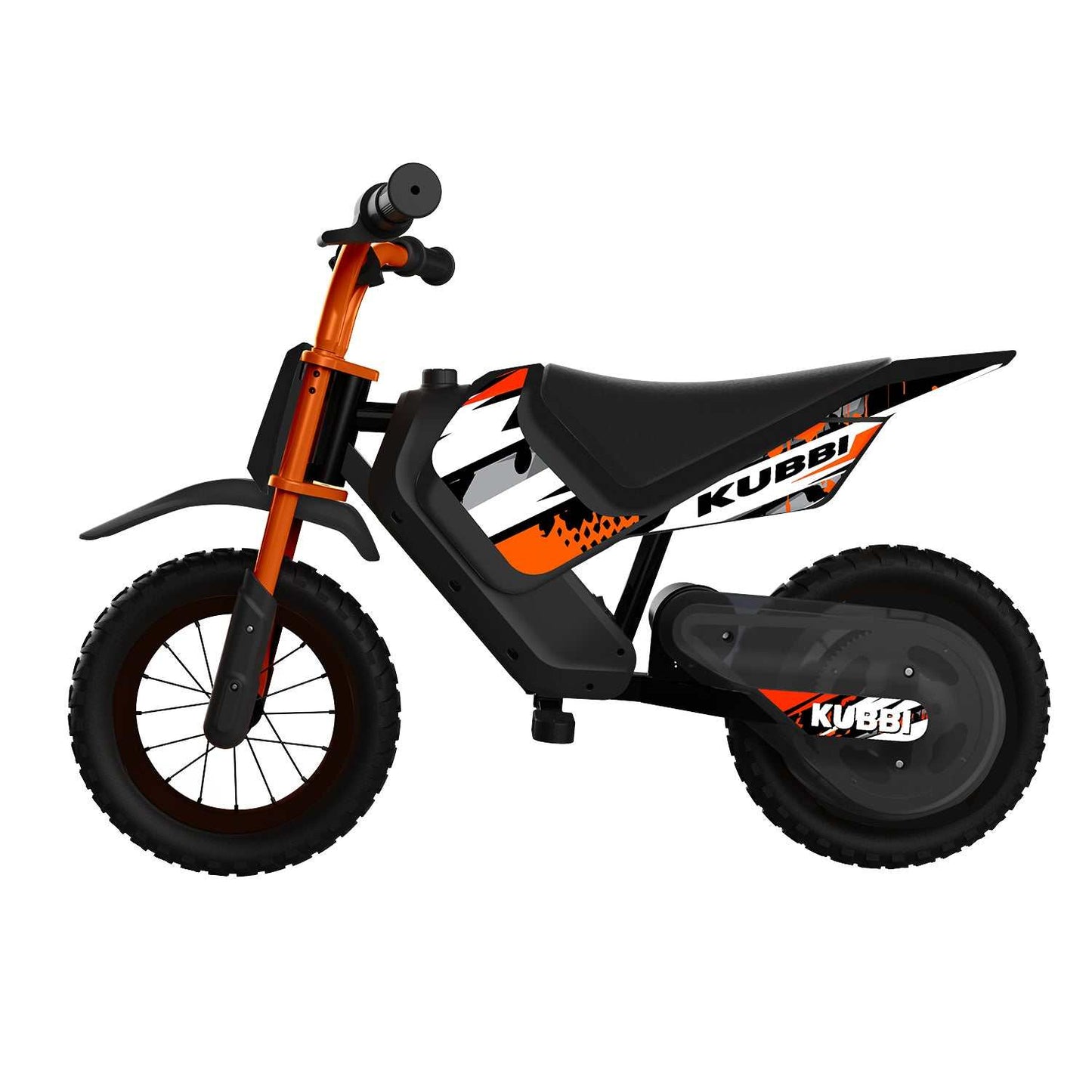 Kubbi Mini Dirt Bike electric kids bike with 12-inch off-road tires, 150W motor, and black and orange frame for ages 3-9.