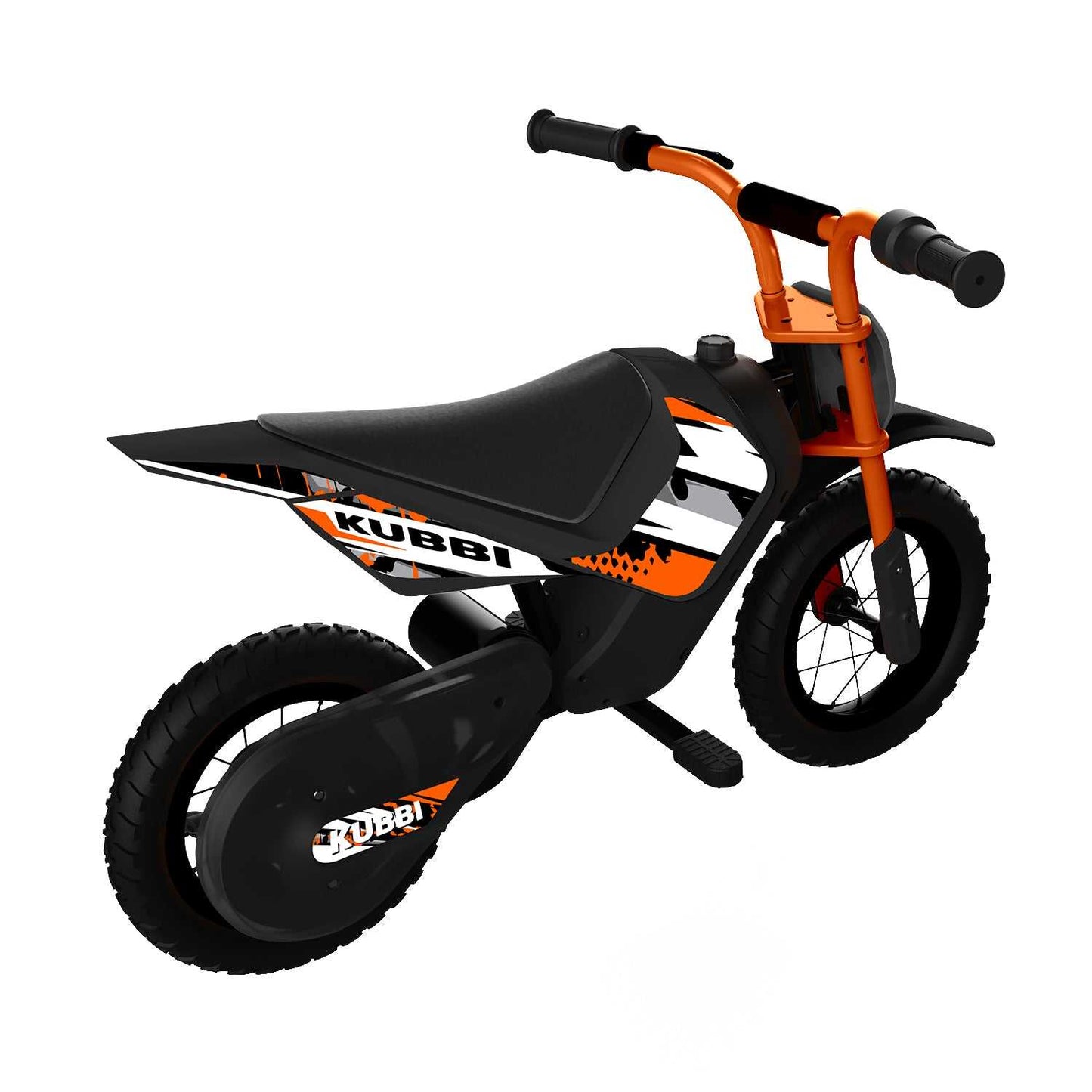 Kubbi Mini Dirt Bike kids electric dirt bike with 12-inch off-road tires and 150W motor in black and orange design