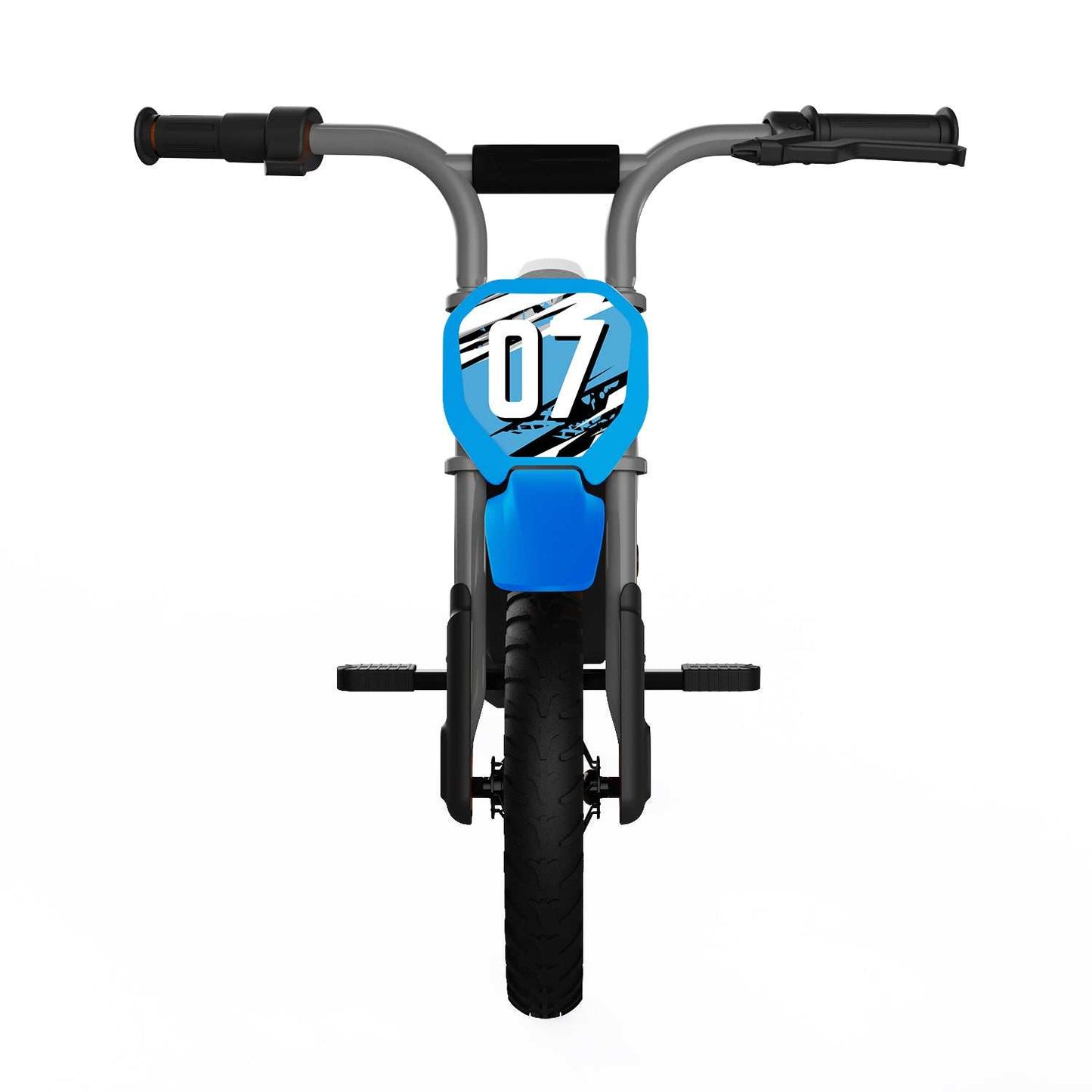 Front view of Kubbi Mini Dirt Bike for kids with blue number plate and black handlebars
