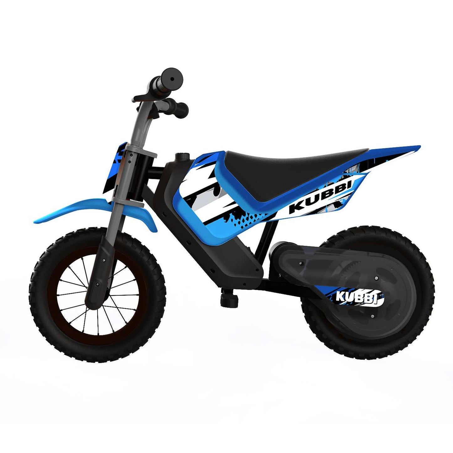 Blue Kubbi Mini Dirt Bike for kids aged 3 to 9 with 150W motor, 12-inch off-road tires, and 15 km/h max speed
