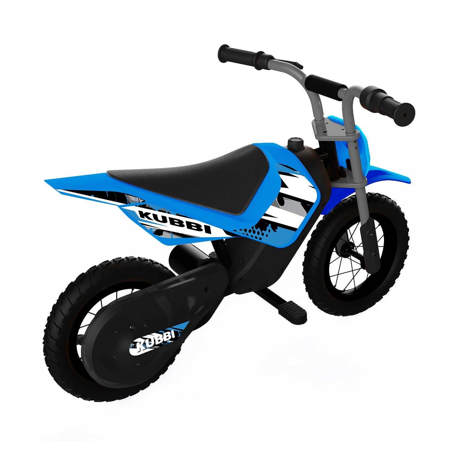 Blue Kubbi Mini Dirt Bike for kids with 12-inch off-road tires and 150W electric motor