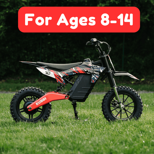 Kubbi K10 Pro electric dirt bike for kids aged 8-14 with 800W motor and 14-inch off-road tires