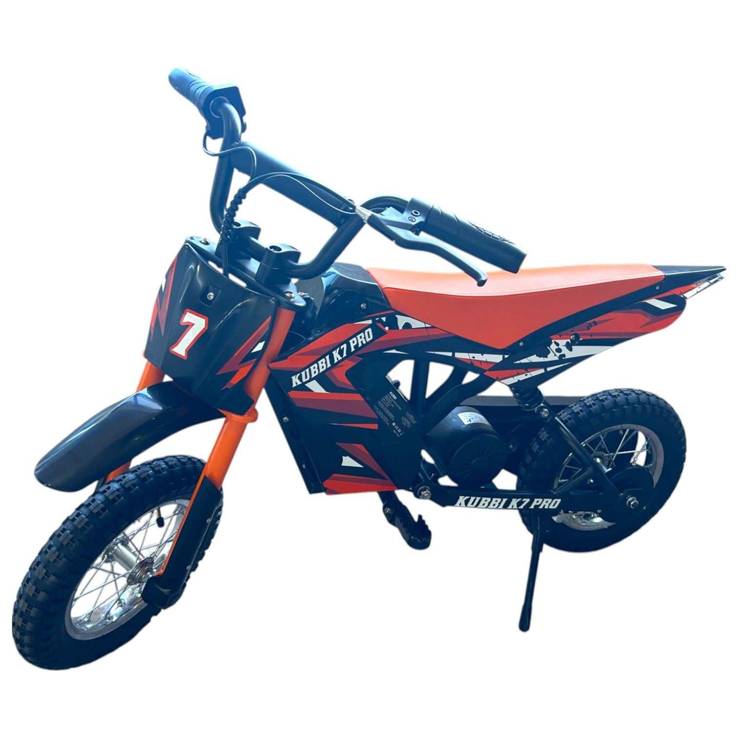 Kubbi K7 Pro Dirt Bike kids electric off-road bike with 12" tires and 300W motor in black and orange design