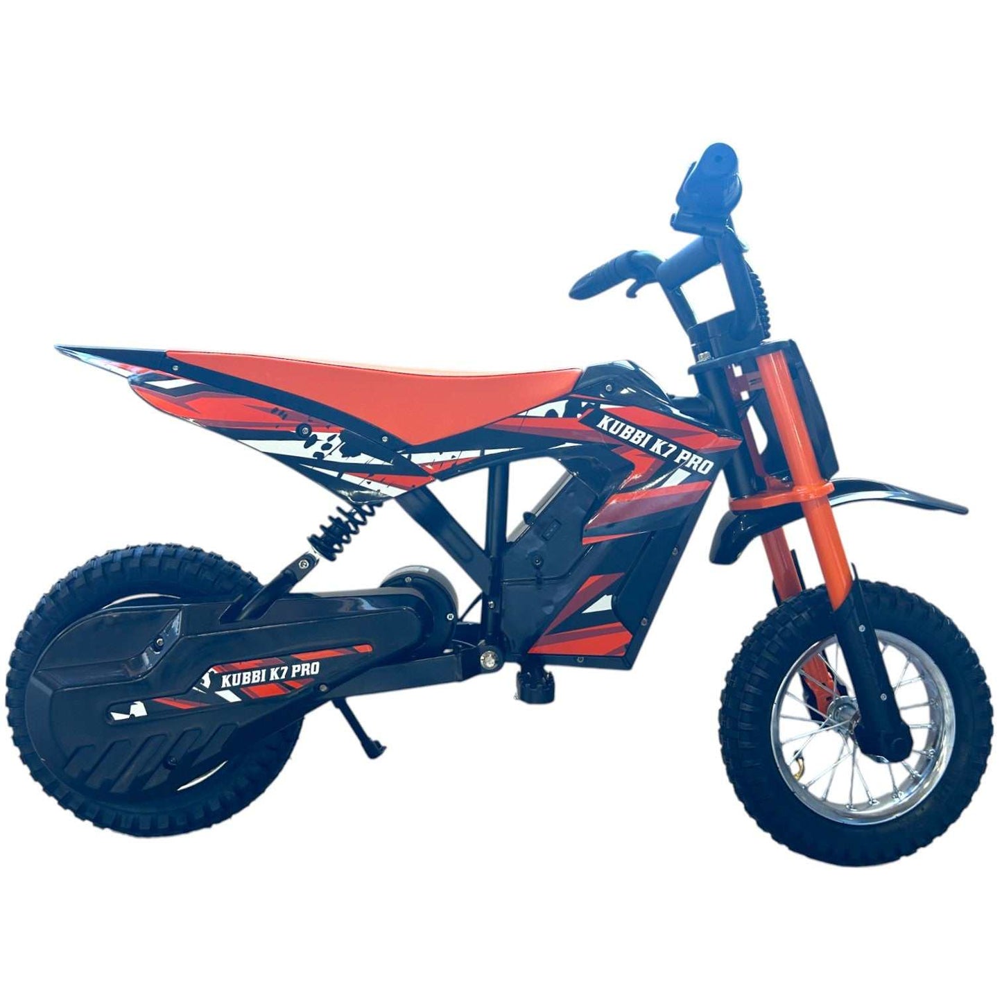 Kubbi K7 Pro Dirt Bike for kids aged 5-13 with 36V 300W motor, 12" off-road tires, 25 km/h top speed, and IPX4 water resistance