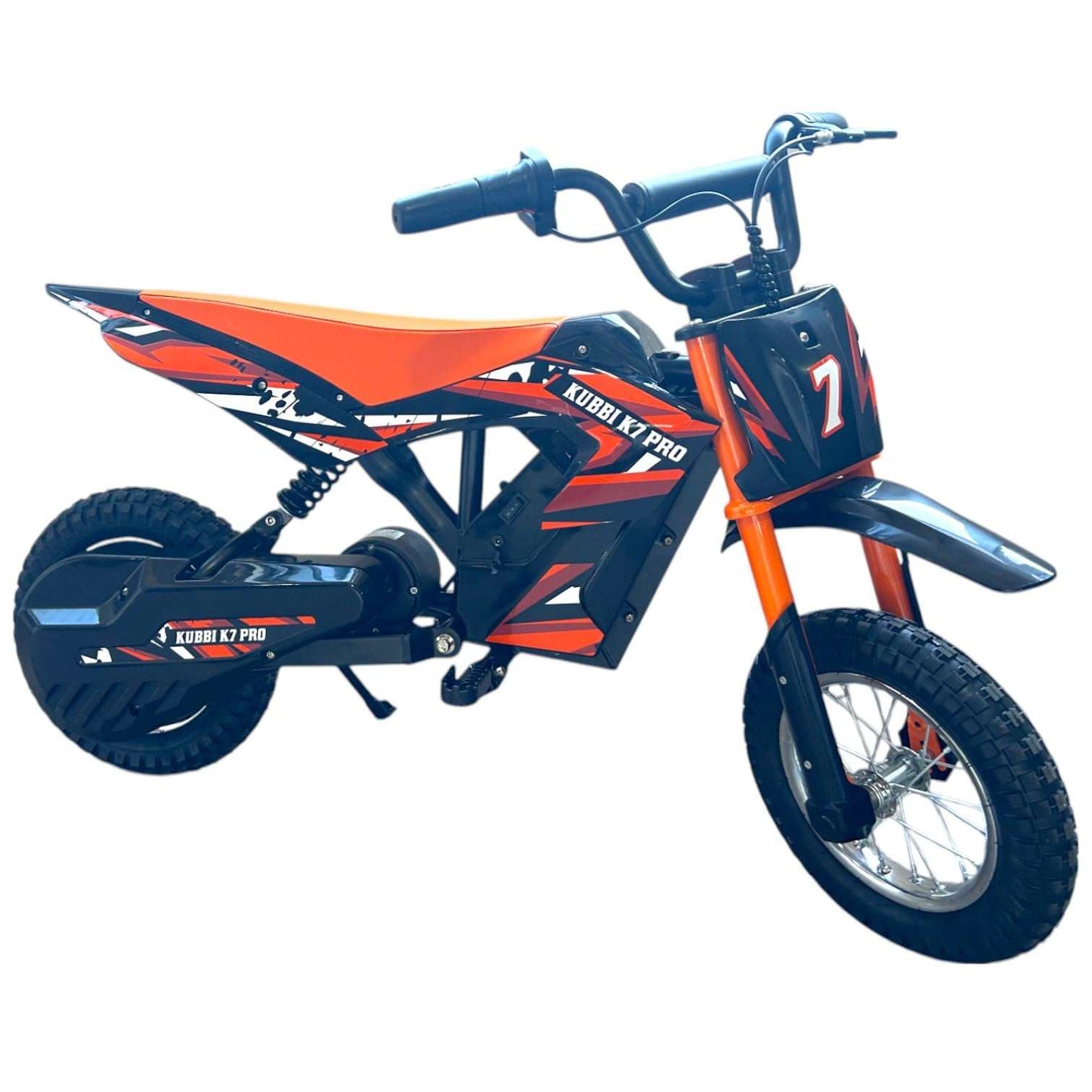 Kubbi K7 Pro kids electric dirt bike with 12" tires and orange-black design for ages 5 to 13 years