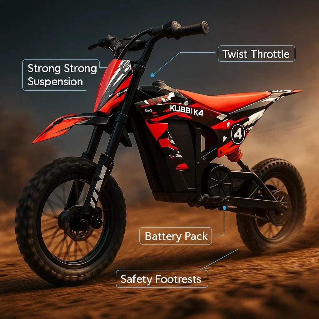 Kubbi K4 Dirt Bike kids electric off-road bike with strong suspension, twist throttle, safety footrests, and battery pack in red and black design