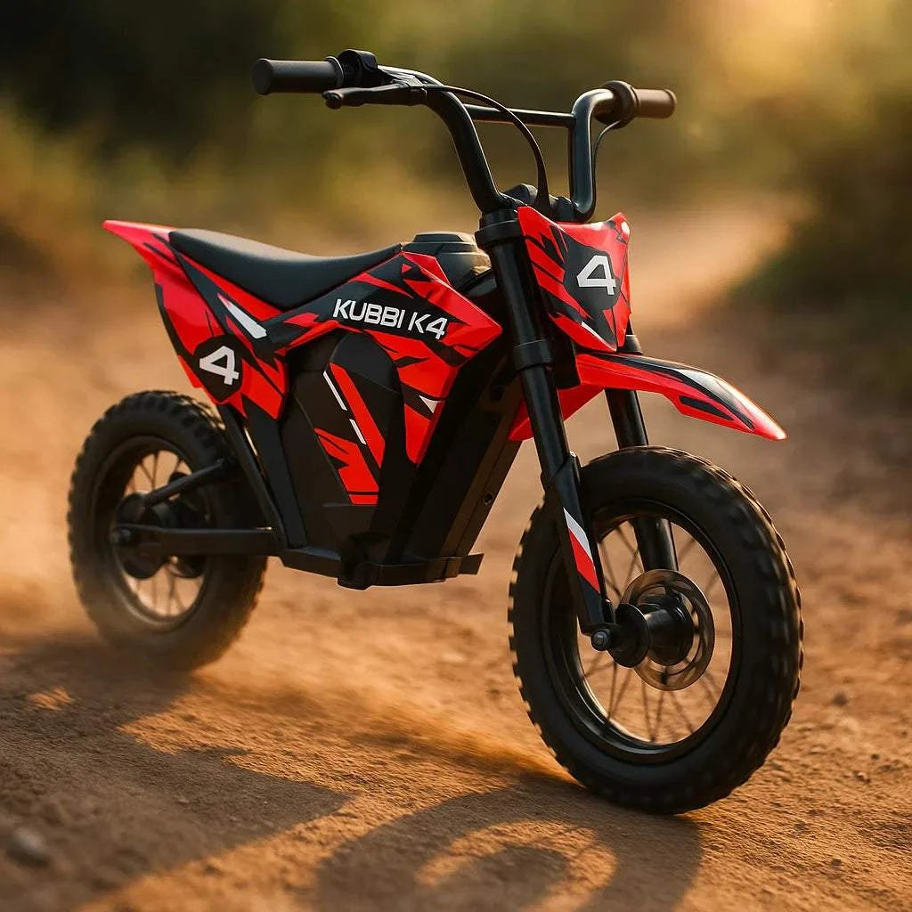 Kubbi K4 Dirt Bike kids electric red and black with off-road tires on dirt trail