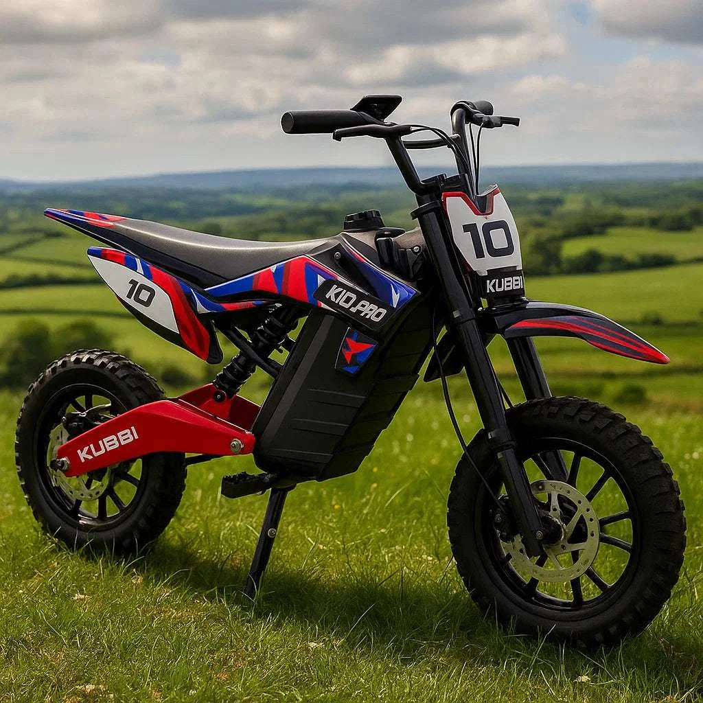 Kubbi K10 Pro kids electric dirt bike with 14-inch off-road tires and 800W motor on grassy field