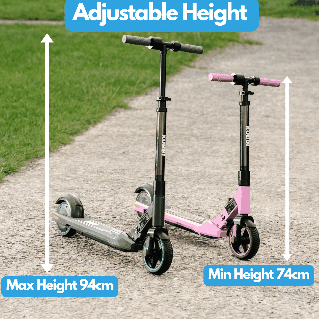 Kubbi S9 Pro kids electric scooters in black and pink with adjustable handlebars from 74 to 94 cm on pavement