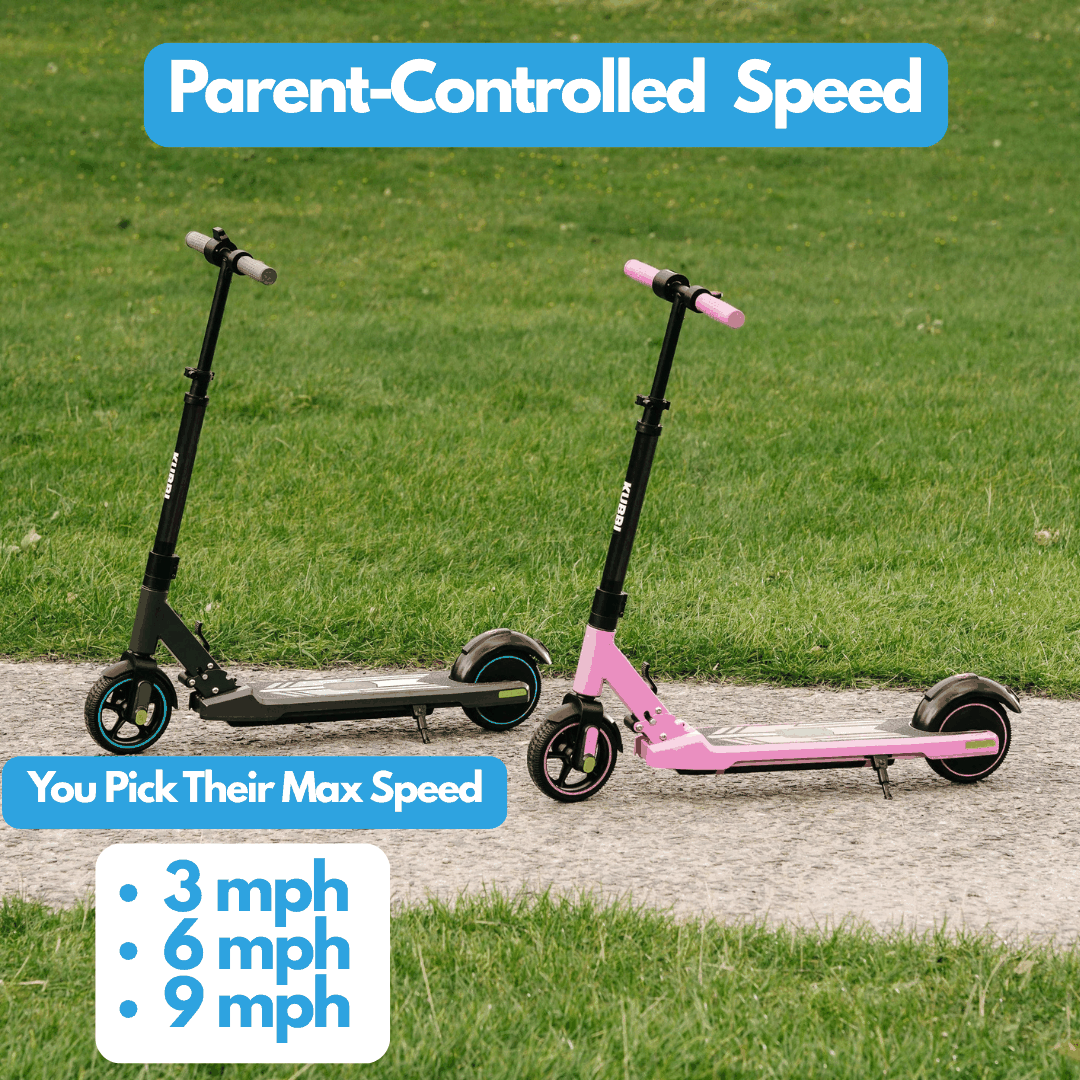 Kubbi S9 Pro kids electric scooters in black and pink with adjustable speed settings for ages 4 to 12