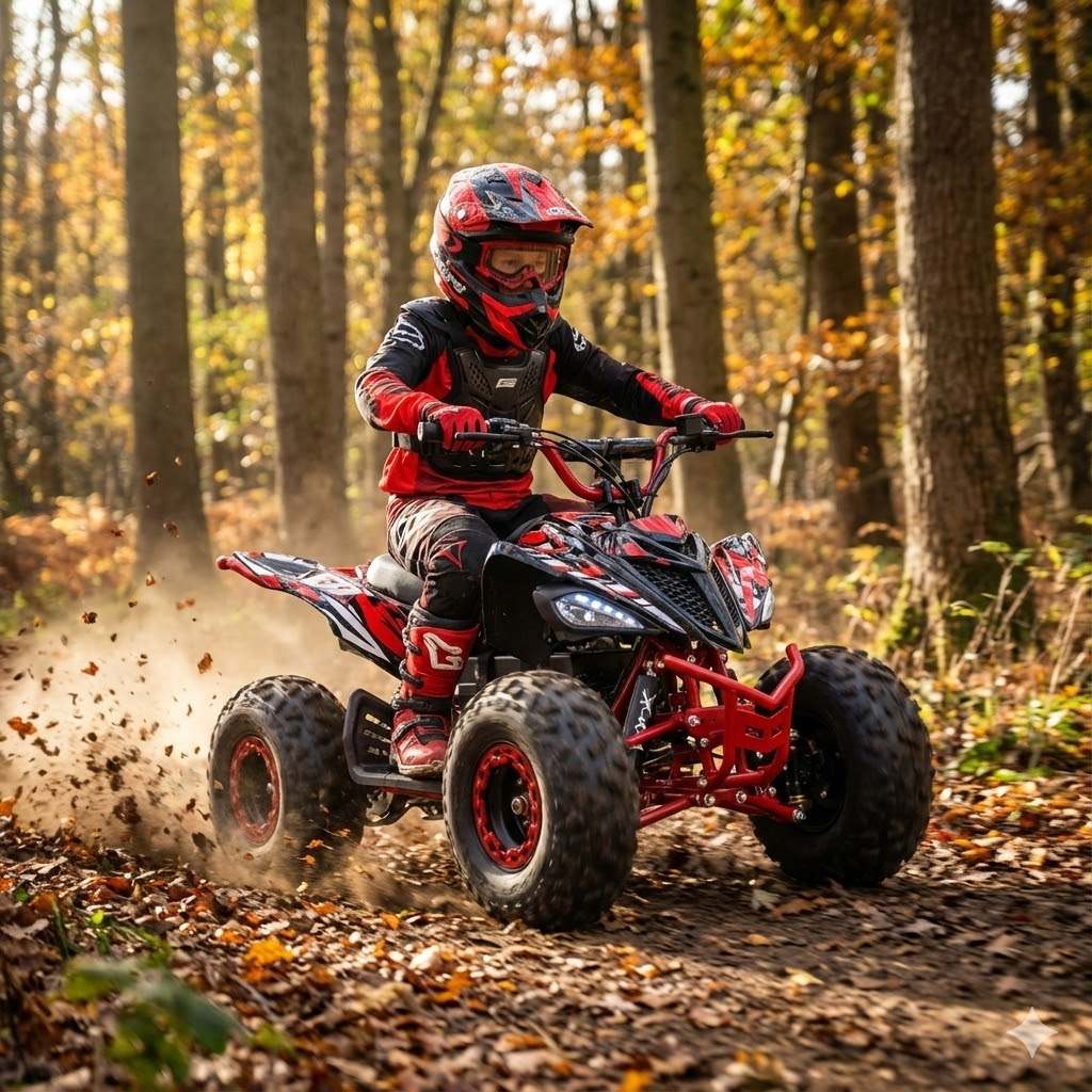 Child riding Kubbi Q19 electric quad bike in forest trail with autumn leaves