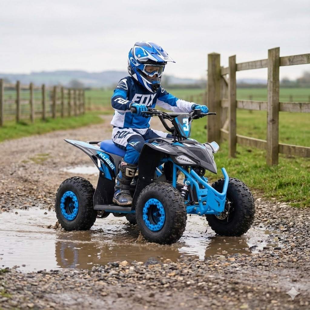 Child riding blue Kubbi Q3 Electric Quad Bike on muddy outdoor trail with safety gear