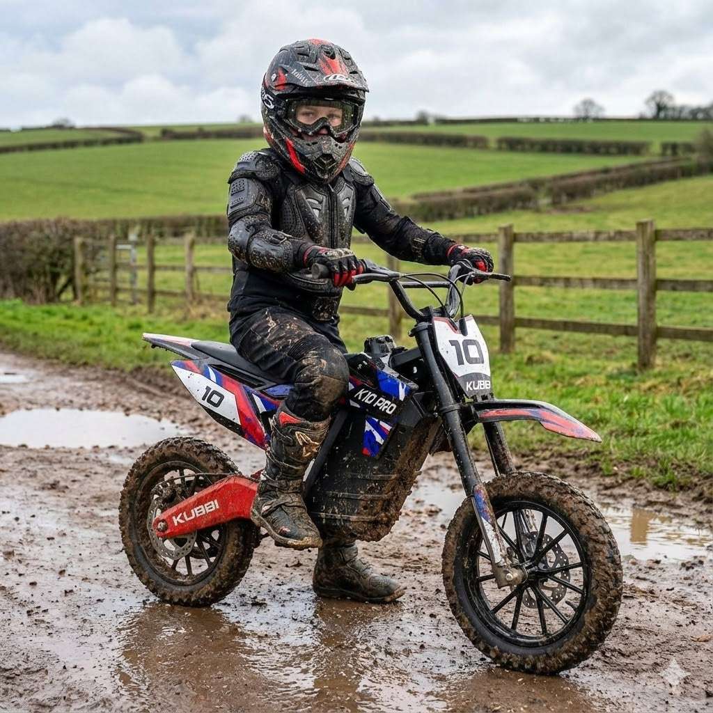 Teen riding Kubbi K10 Pro electric dirt bike on muddy off-road trail with protective gear