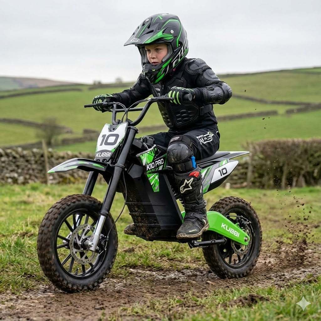 Teen rider on Kubbi K10 Pro electric dirt bike with full protective gear on off-road trail