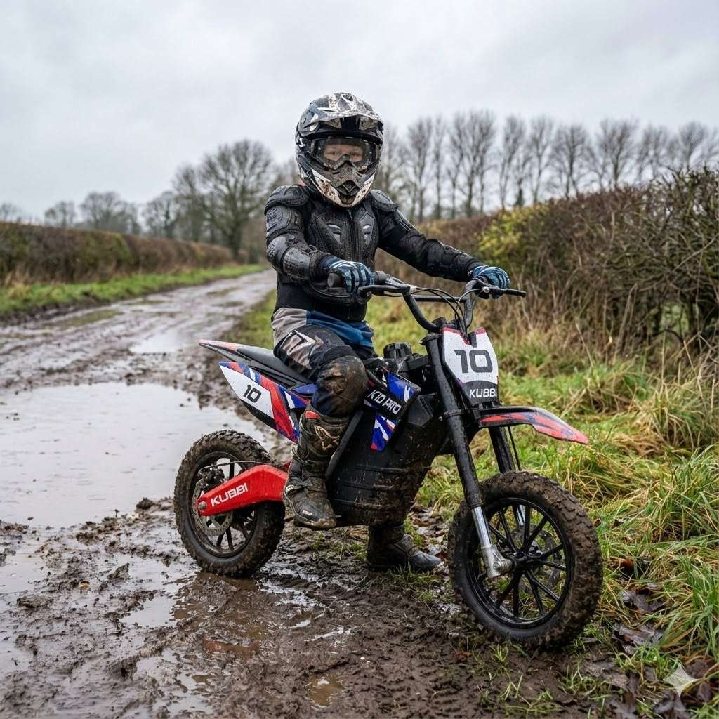 Teen rider on Kubbi K10 Pro electric dirt bike in muddy off-road terrain