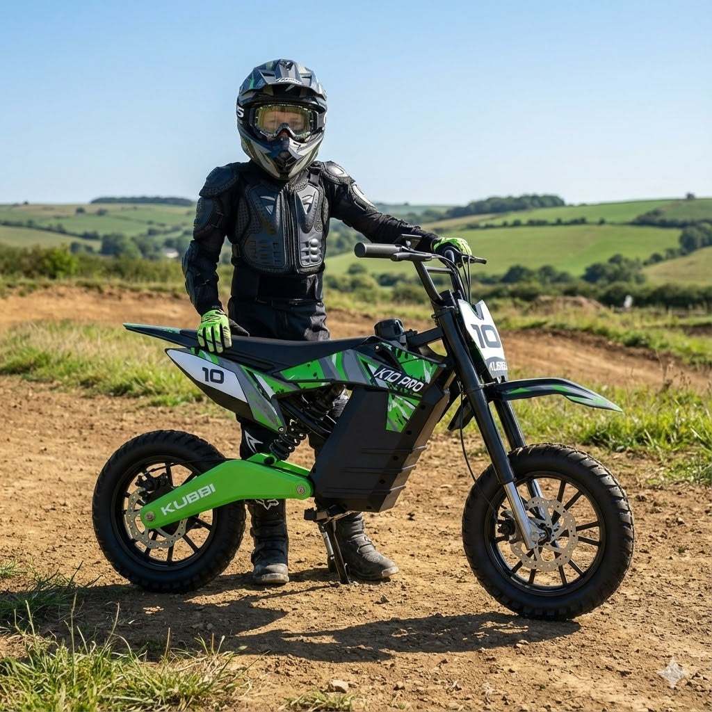 Teenage rider with Kubbi K10 Pro electric dirt bike on off-road trail in protective gear