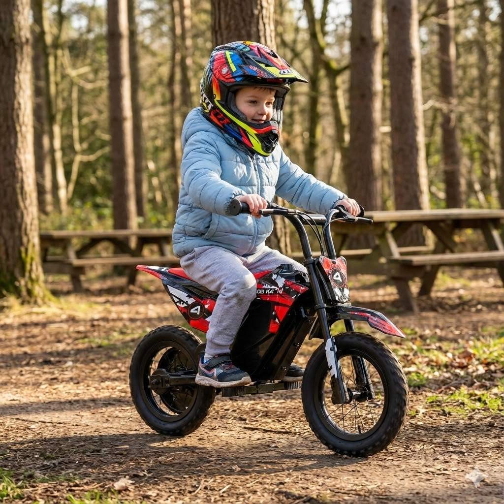 Child riding Kubbi K4 Dirt Bike electric kids dirt bike with helmet in forest setting