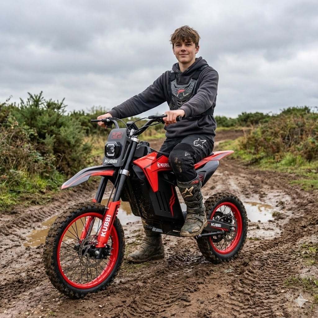 Teenager riding Kubbi K22 Electric Dirt Bike on muddy off-road trail