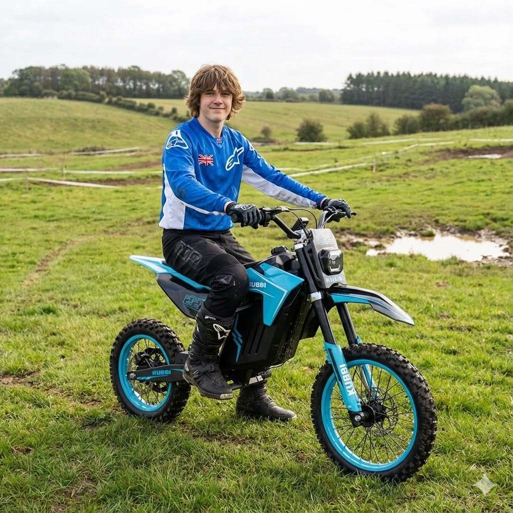 Teenager riding Kubbi K22 Electric Dirt Bike off-road in grassy field