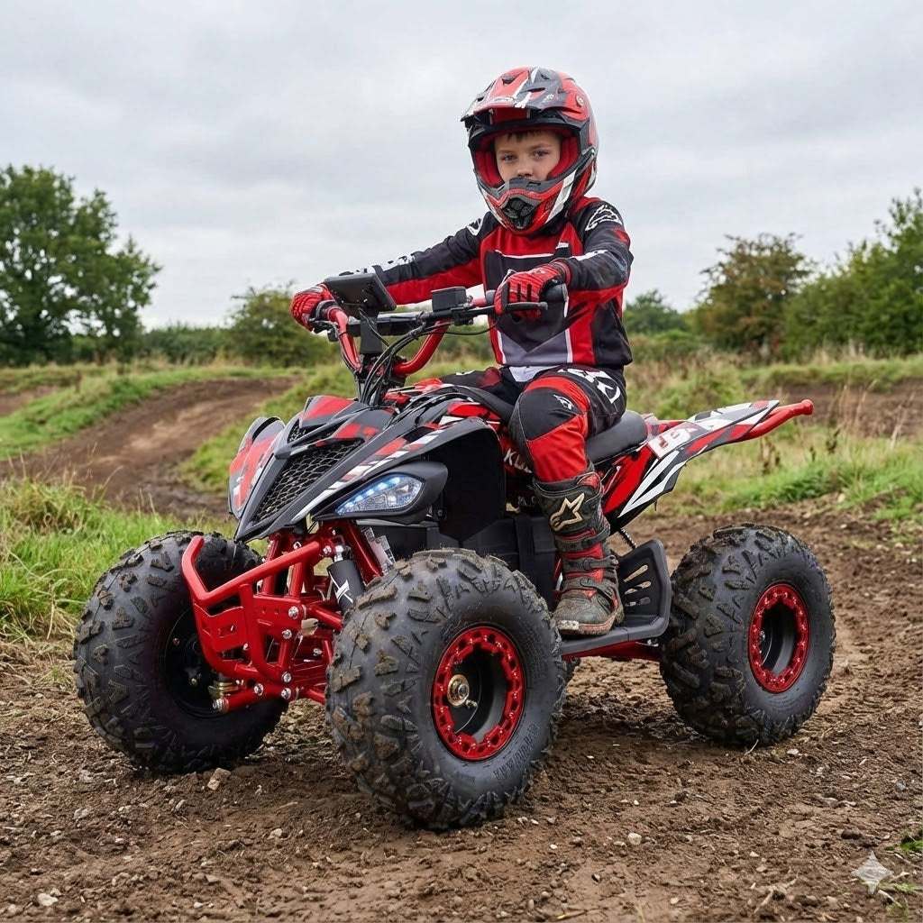 Child riding Kubbi Q19 electric quad bike on dirt track outdoors